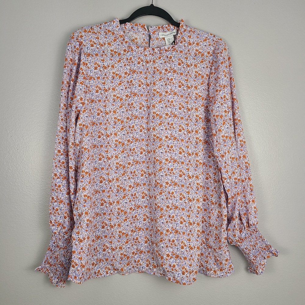 Cupcakes & Cashmere Blush, Lavendar, Orange Ditsy Floral Blouse Ruffle Neck XL